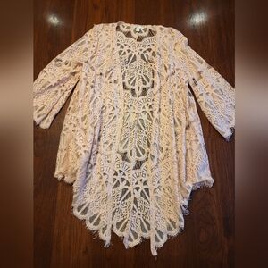 CATO Women's Light Pink Lace Flaired Sleeve Open Front Kimono Covering Small
